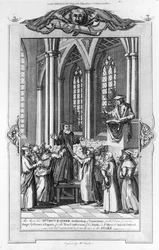 Dr. Thomas Cranmer (1489-1556), Erzbischof von Canterbury, von Mönchen und Papisten von der Bühne gezogen für das wahre Bekenntnis seines Glaubens in der St. Mary